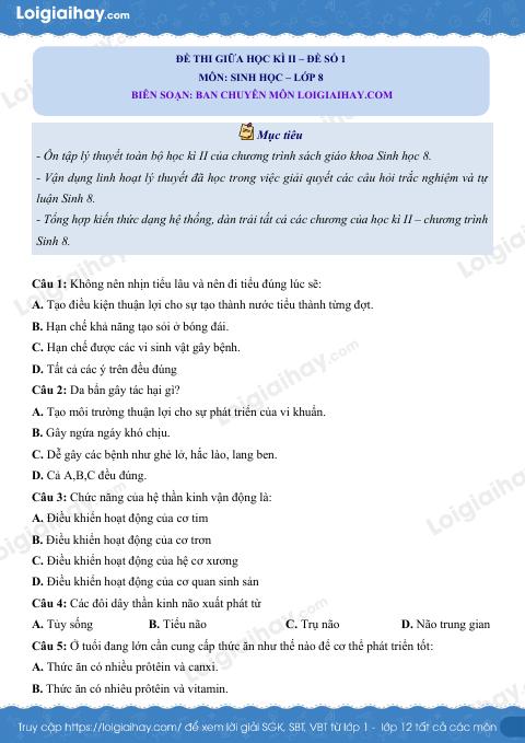 Đề kiểm tra giữa kì 2 Sinh 8 - Đề số 1 có lời giải chi tiết